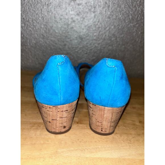 Anthropologie Latigo Shona Blue Suede Leather Ruffle Wedge Sandals Size 8M NWOB - Picture 12 of 12